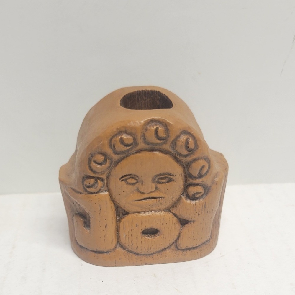 Vintage Hand Carved Wood Sun Face JOY Toothpick Holder Bud Vase Folk Art Brown